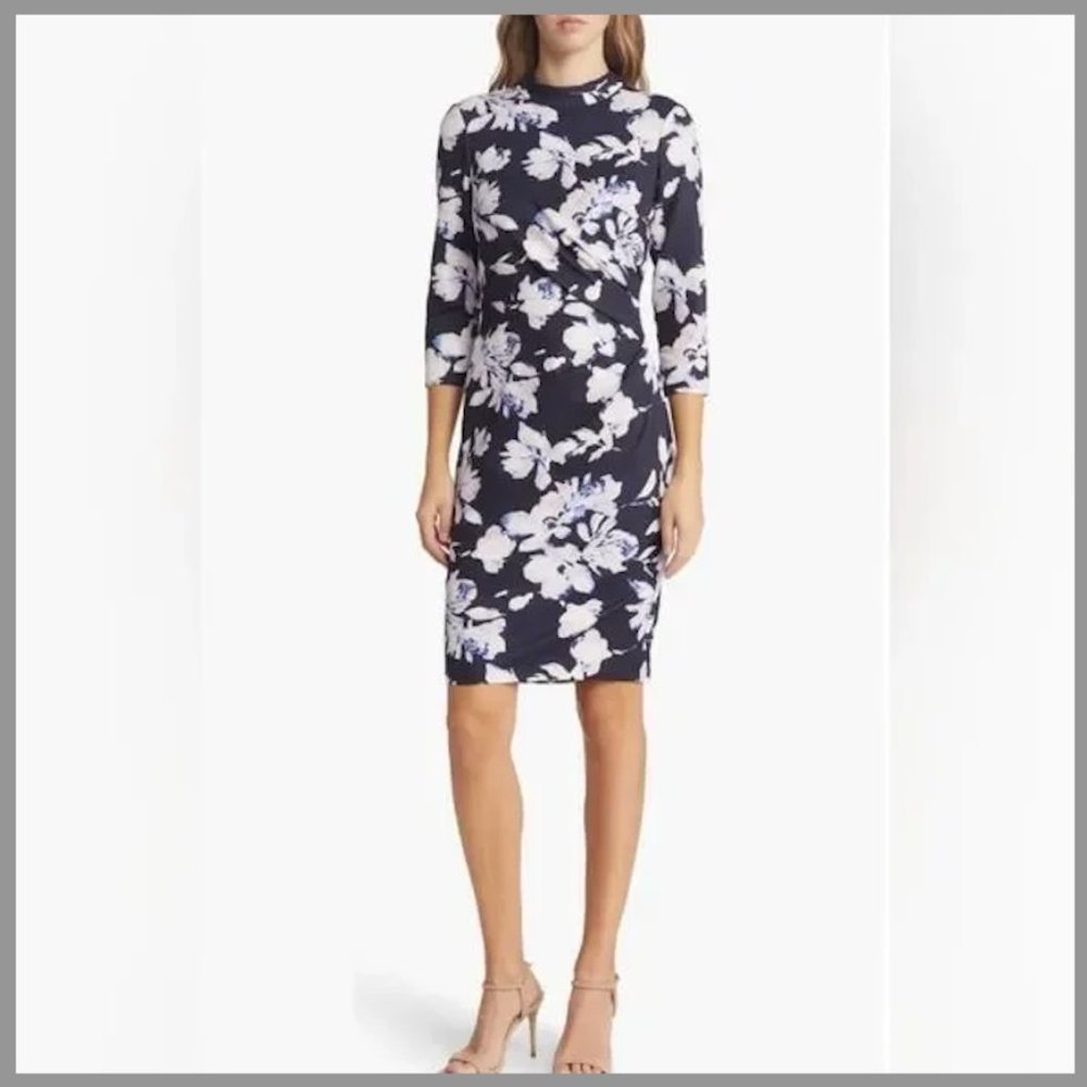 Eliza J Floral Mock Neck Drape Detail Sheath Dress Cutout Back Size 0 NWOT